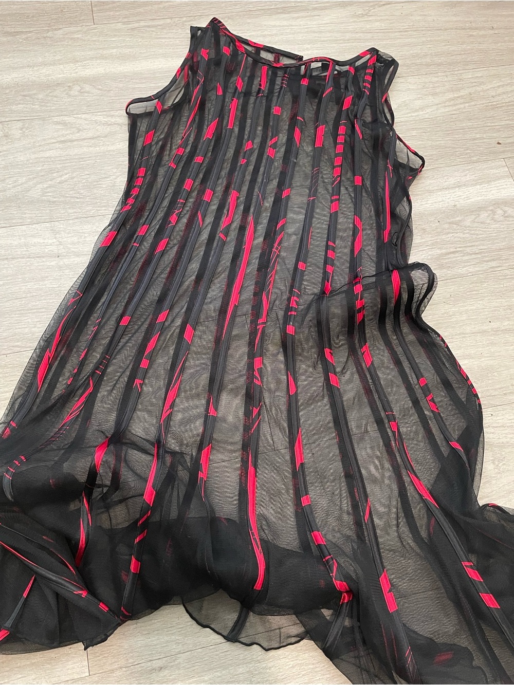 Sandra Darren Black Sheer Midi Dress with Pink-Red Accents